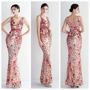 Red, Floral Print,  V Neck, Beaded Draped Sleeves,  Sequined Mermaid Gown